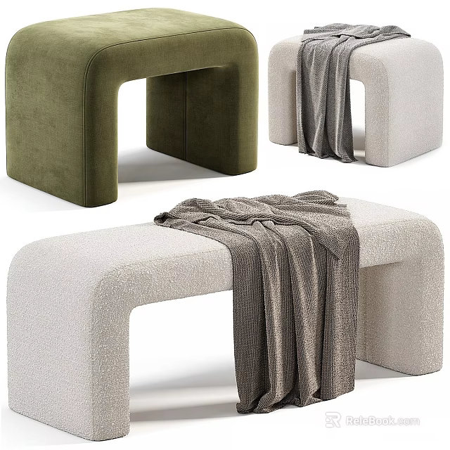 Modern Green and Beige Sofa Bench with Cozy Gray Throw Blanket 3d model 