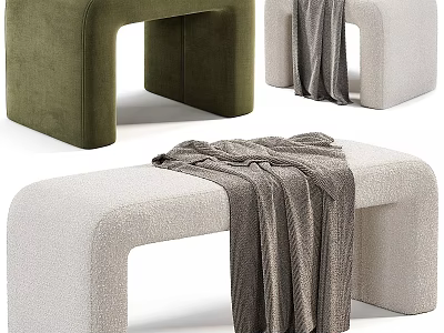 Modern Green and Beige Sofa Bench with Cozy Gray Throw Blanket 3d model