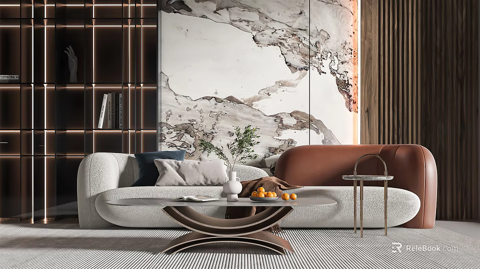 Modern White Sectional Sofa Living Room With Marble Wall Art And Coffee Table Decor 3d model 