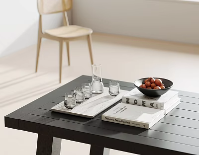 Modern Table With Glass Cups Carafe Books And Fruit Bowl 3d model