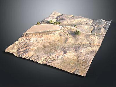 Arid Desert Landscape With Rolling Hills Dry Ground And Sparse Cacti Vegetation 3d model