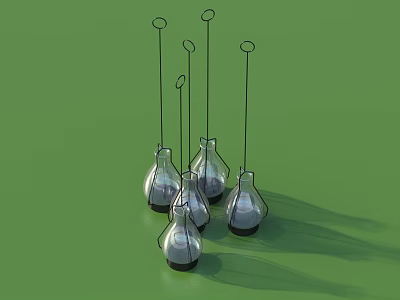 Industrial Equipment Transparent Glass Bottles With Metal Rings And Long Thin Rods On Green Background 3d model