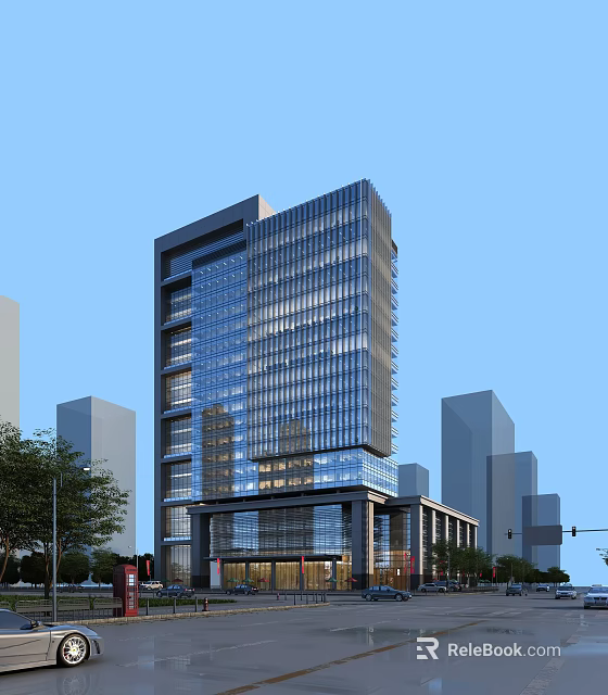Modern High Rise Office Building Featuring Glass Curtain Wall In Urban Cityscape With Trees 3d model 