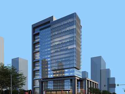 Modern High Rise Office Building Featuring Glass Curtain Wall In Urban Cityscape With Trees 3d model