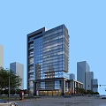 Modern High Rise Office Building Featuring Glass Curtain Wall In Urban Cityscape With Trees