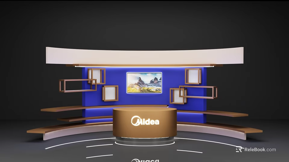 Midea Exhibition Booth Design With Curved Structure Round Podium And Blue Background 3d model 