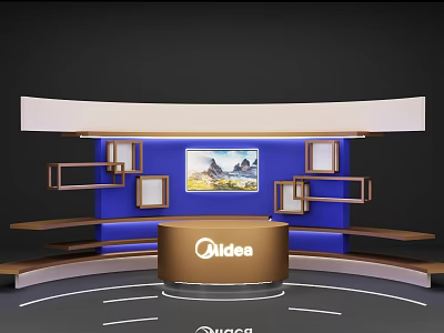 Midea Exhibition Booth Design With Curved Structure Round Podium And Blue Background 3d model