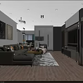 Modern Living And Dining Room Interior Design With Sofa Rug TV Unit And Decorative Paintings