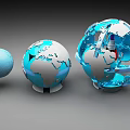 Three Blue Silver Globe Models With World Map And Internal Mechanical Structures 3d model