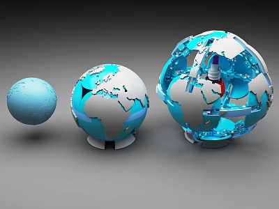 Three Blue Silver Globe Models With World Map And Internal Mechanical Structures 3d model