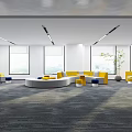 Lounge Area with Yellow White Sofas Circular Seating and Large Windows Bright Interior
