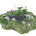 Beautiful Garden Pond Feature With Lotus Flowers Leaves Stones And Green Grass