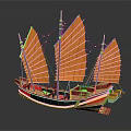 Traditional Chinese Sailing Boat With Yellow Sails Red Black Hull And Wooden Structure