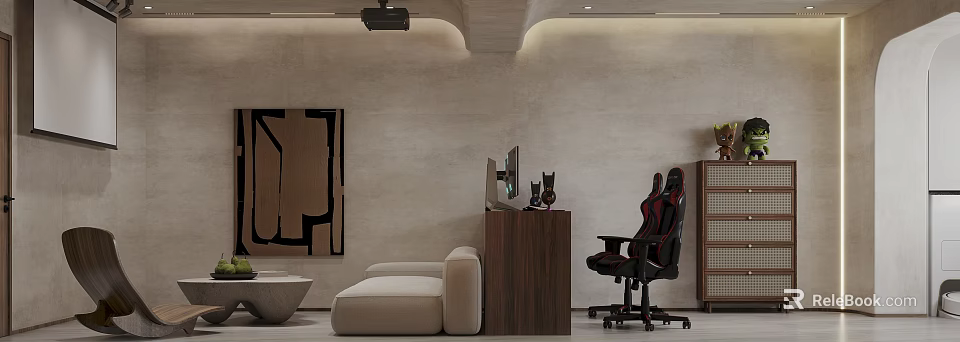 Modern Living Room Interior With Beige Sofa Abstract Painting Wooden Desk And Gaming Chair 3d model 