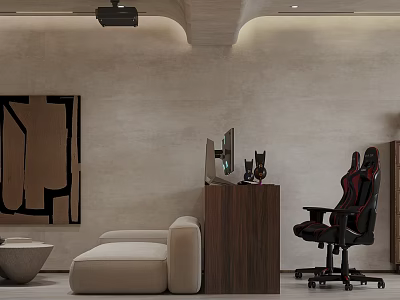 Modern Living Room Interior With Beige Sofa Abstract Painting Wooden Desk And Gaming Chair 3d model