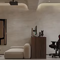 Modern Living Room Interior With Beige Sofa Abstract Painting Wooden Desk And Gaming Chair