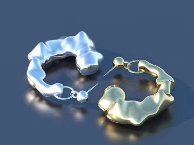 Elegant Irregular Hoop Earrings In Silver And Gold With Wavy Texture 3d model