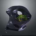 Green Frog Sitting In Blue Stone Sculpture With Hollow Center And Artistic Design