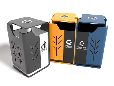 Public Facility Color Coded Trash Bins With Recycling Symbols And Leaf Patterns 3d model