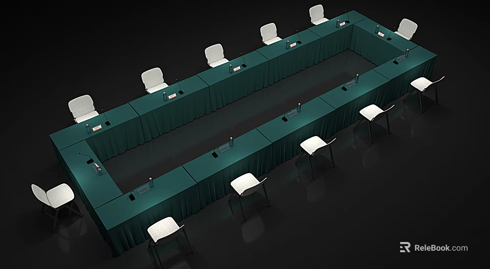 Rectangular Green Conference Table With White Chairs And Meeting Room Setup Elements 3d model