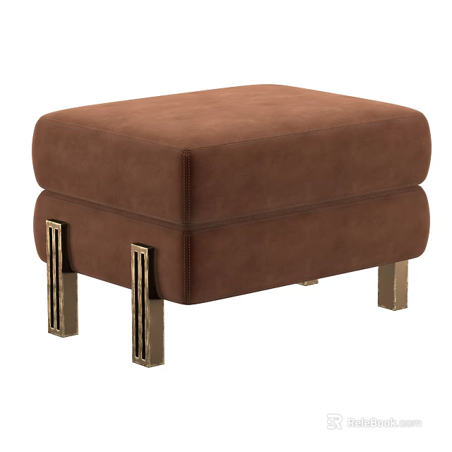 Brown Velvet Upholstered Ottoman With Modern Brass Metal Legs For Living Room Decor 3d model 