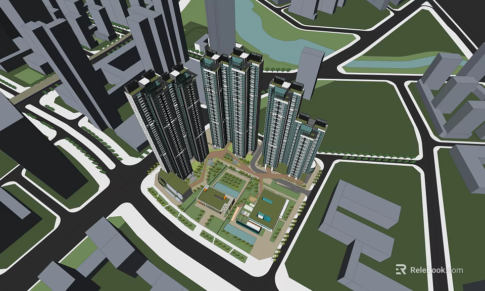 Urban Planning 3D Model Featuring High Rise Buildings Green Space And Water Body 3d model 
