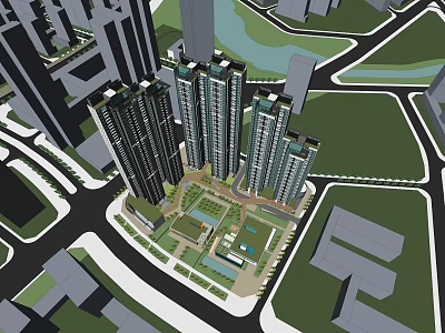 Urban Planning 3D Model Featuring High Rise Buildings Green Space And Water Body 3d model