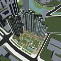 Urban Planning 3D Model Featuring High Rise Buildings Green Space And Water Body