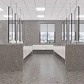 Public Toilet Interior Design With Marble Countertops Large Windows Mirrored Walls And Gray Floor Tiles