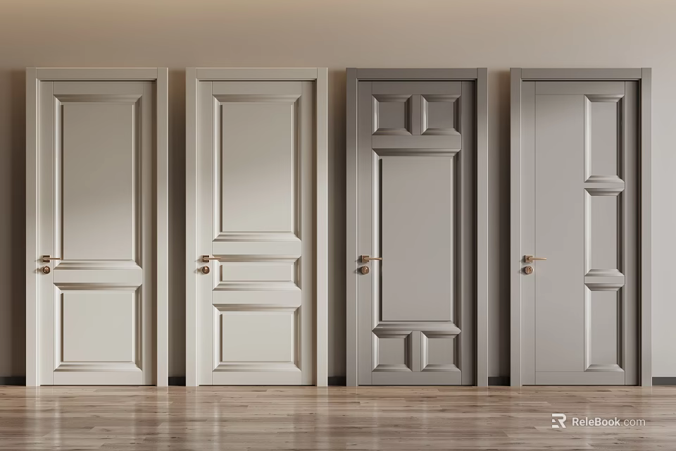 Light Colored Hinged Doors With Various Designs And Brass Handles In Interior 3d model