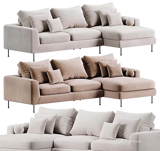 Modern Light Beige Sectional Sofa With Multiple Soft Pillows And Slim Metal Legs 3d model