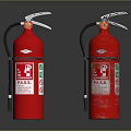 Two Red Fire Extinguishers With Silver Handles And Safety Labels On Black Surface