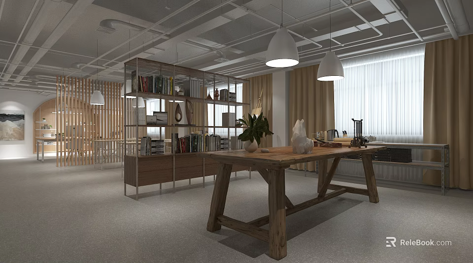 Modern Open Public Office Space With Long Wooden Table Bookshelves And Pendant Lights 3d model 
