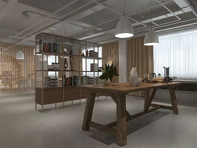 Modern Open Public Office Space With Long Wooden Table Bookshelves And Pendant Lights 3d model