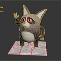3D Cartoon Purple And White Raccoon Like Animal Character Waving Hand On Cracked Square Base