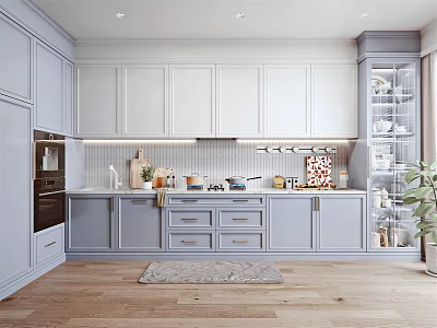 Light Blue Kitchen With Cabinets Countertop Utensils And Glass Display Cabinet 3d model