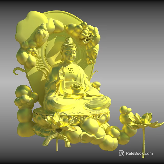 Game And Movie Character Golden Buddha Statue With Lotus Flowers Dragon Decorations Ornate Design 3d model 