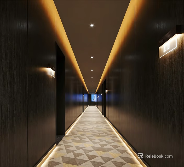 Sleek Luxury Hotel Corridor Interior Design With Warm Ambient Lighting And Elegant Geometric Patterned Carpet 3d model 