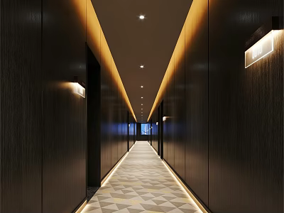 Sleek Luxury Hotel Corridor Interior Design With Warm Ambient Lighting And Elegant Geometric Patterned Carpet 3d model