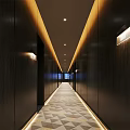 Sleek Luxury Hotel Corridor Interior Design With Warm Ambient Lighting And Elegant Geometric Patterned Carpet