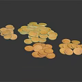 Shiny Gold Coins Scattered in Small Piles on Dark Background Surface
