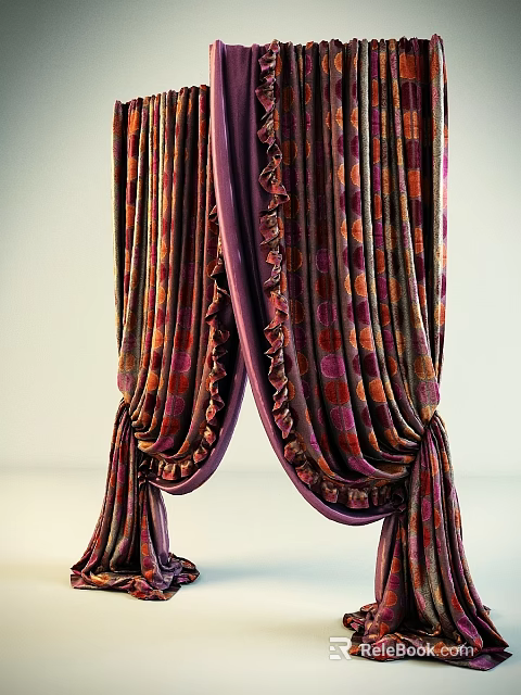 Colorful Patterned Curtains With Purple Orange Red Prints Pleated Design And Ruffled Edges 3d model 