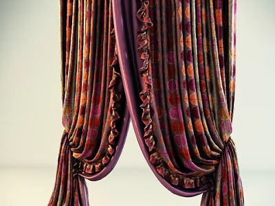Colorful Patterned Curtains With Purple Orange Red Prints Pleated Design And Ruffled Edges 3d model