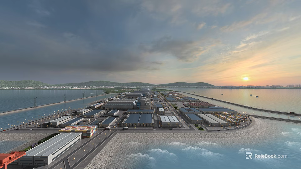 Beautiful Scenic Harbor View With Sunset Mountain Range And Waterfront Buildings 3d model 