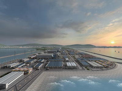 Beautiful Scenic Harbor View With Sunset Mountain Range And Waterfront Buildings 3d model