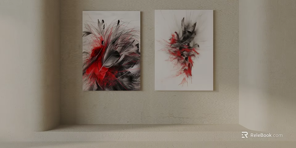 Two Feather Themed Decorative Paintings With Red And Black Accents On Wall 3d model 