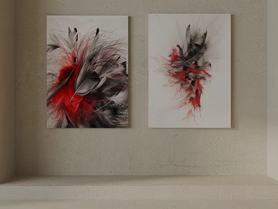 Two Feather Themed Decorative Paintings With Red And Black Accents On Wall 3d model