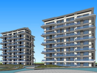 Modern High Rise Apartment Buildings Exterior Featuring Balconies Blue Sky And Green Area 3d model