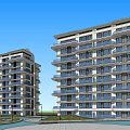 Modern High Rise Apartment Buildings Exterior Featuring Balconies Blue Sky And Green Area