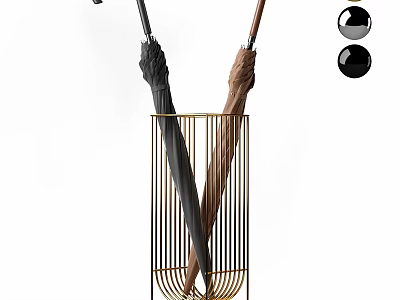 Modern Wall Decor With Gold Metal Umbrella Stand And Black Round Ornaments 3d model